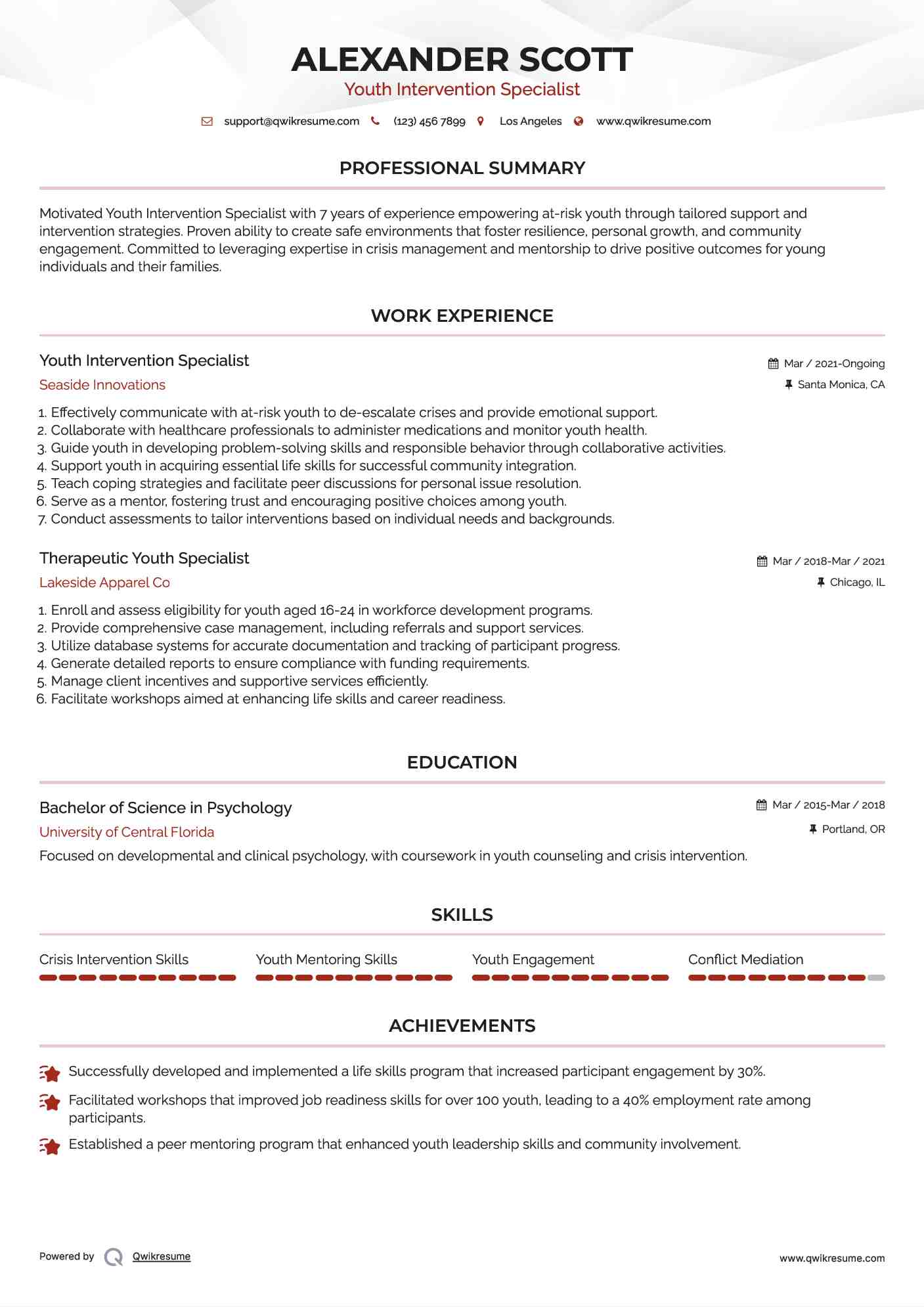 Youth Intervention Specialist

 Resume Example