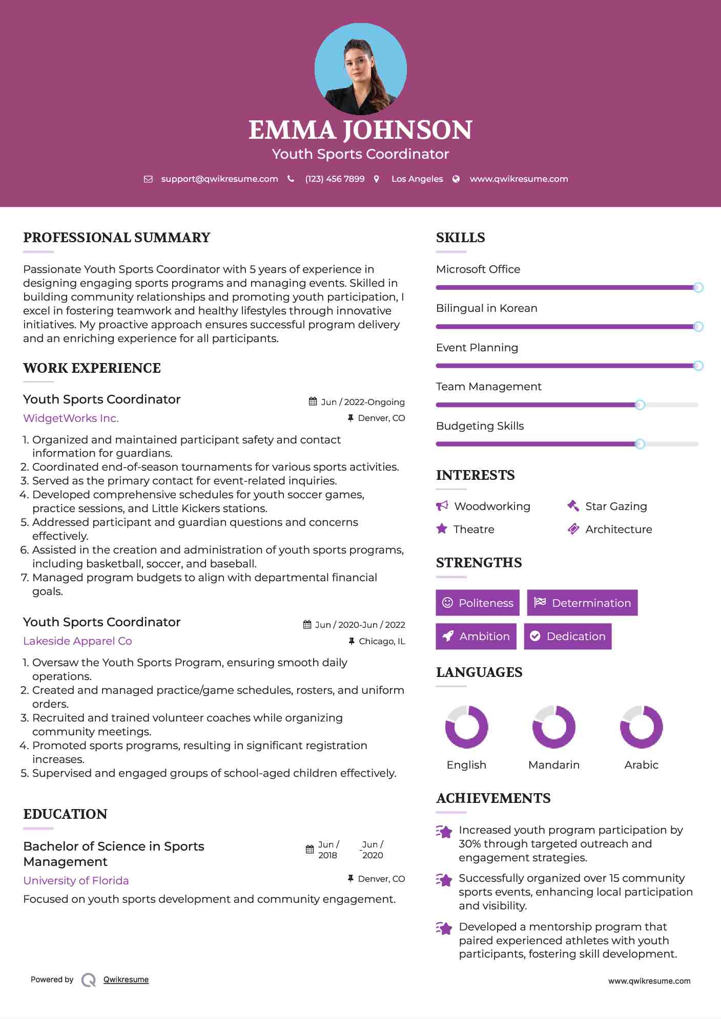 Youth Sports Coordinator Resume Model