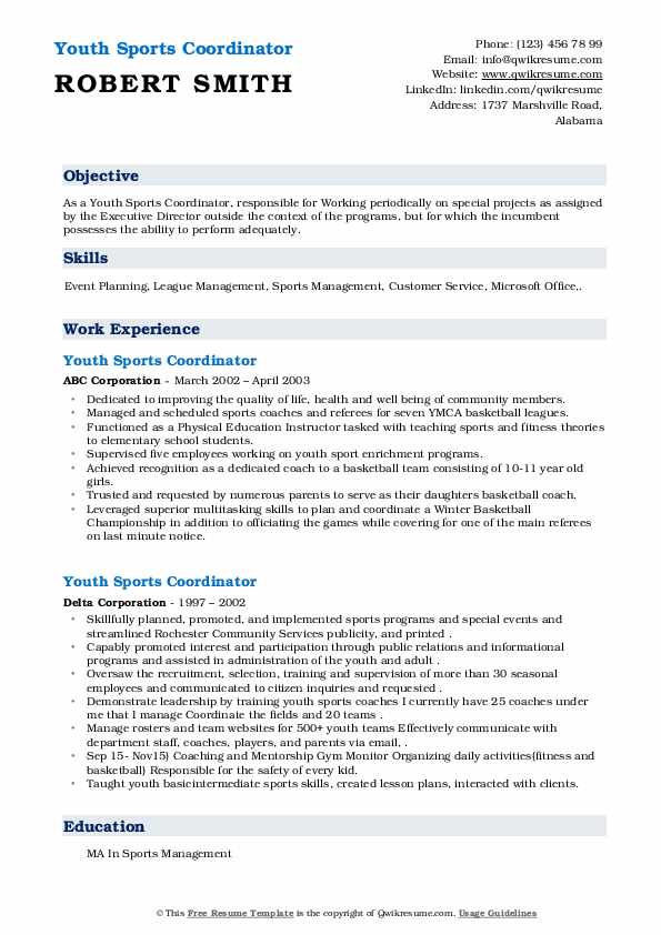 Youth Sports Coordinator Resume Samples QwikResume