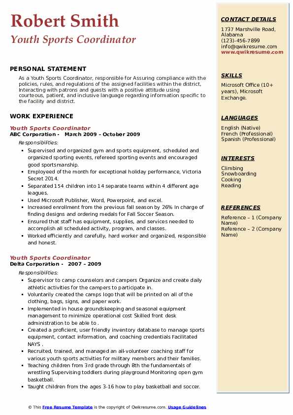 Youth Sports Coordinator Resume Samples QwikResume