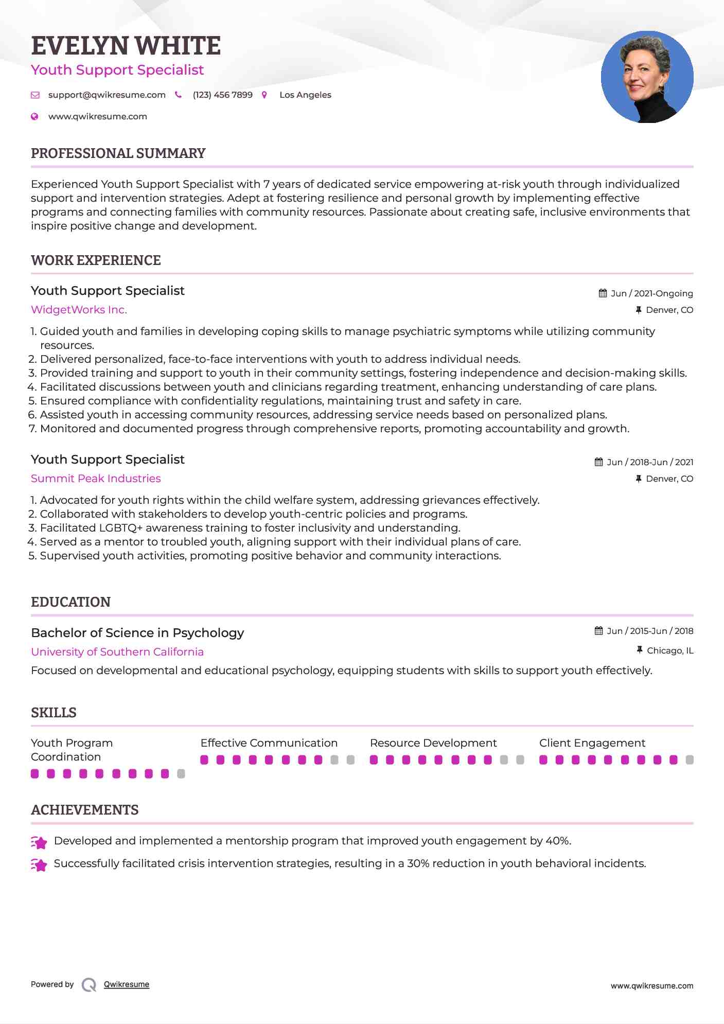 Youth Support Specialist Resume Sample