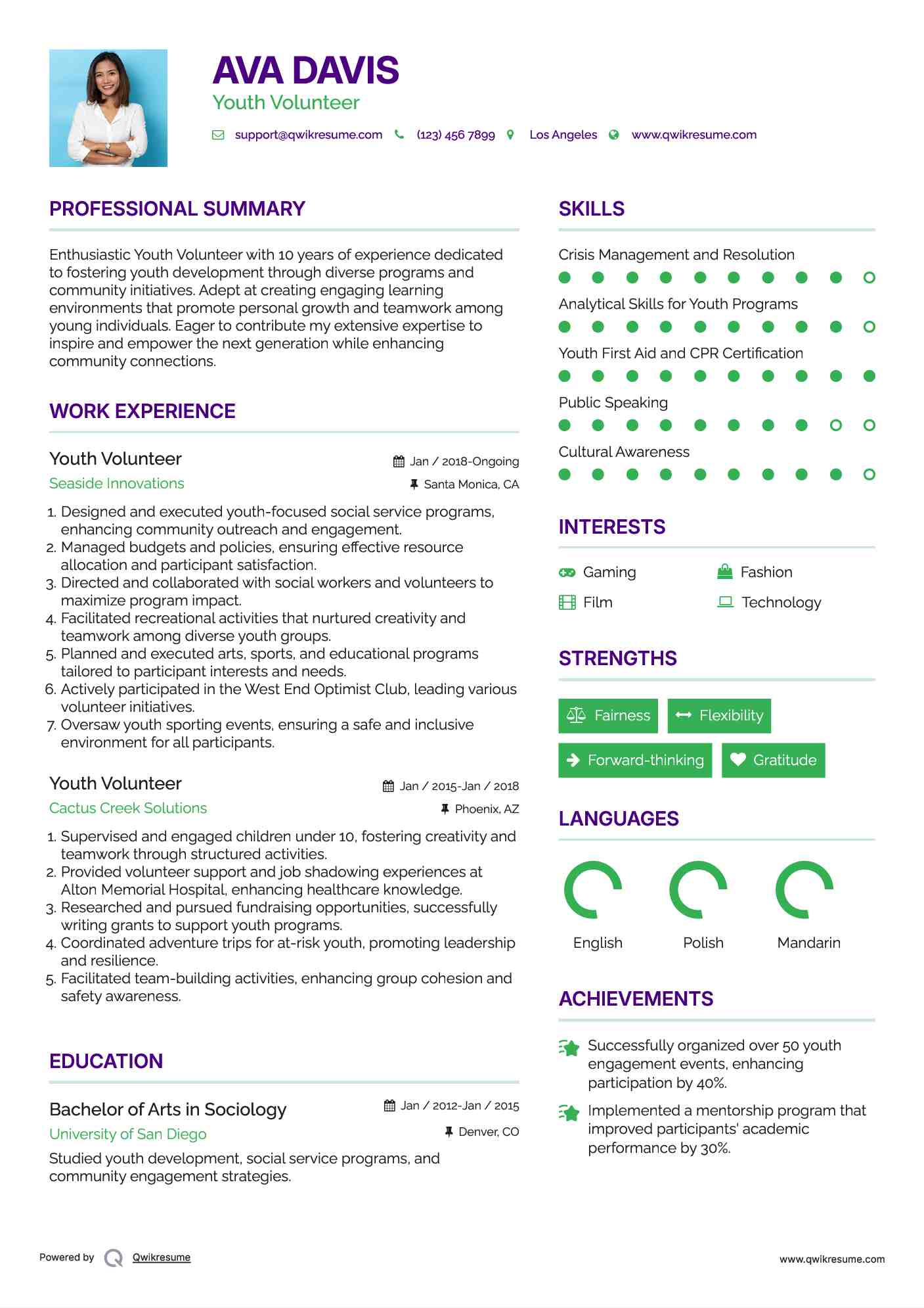 Youth Volunteer Resume Example