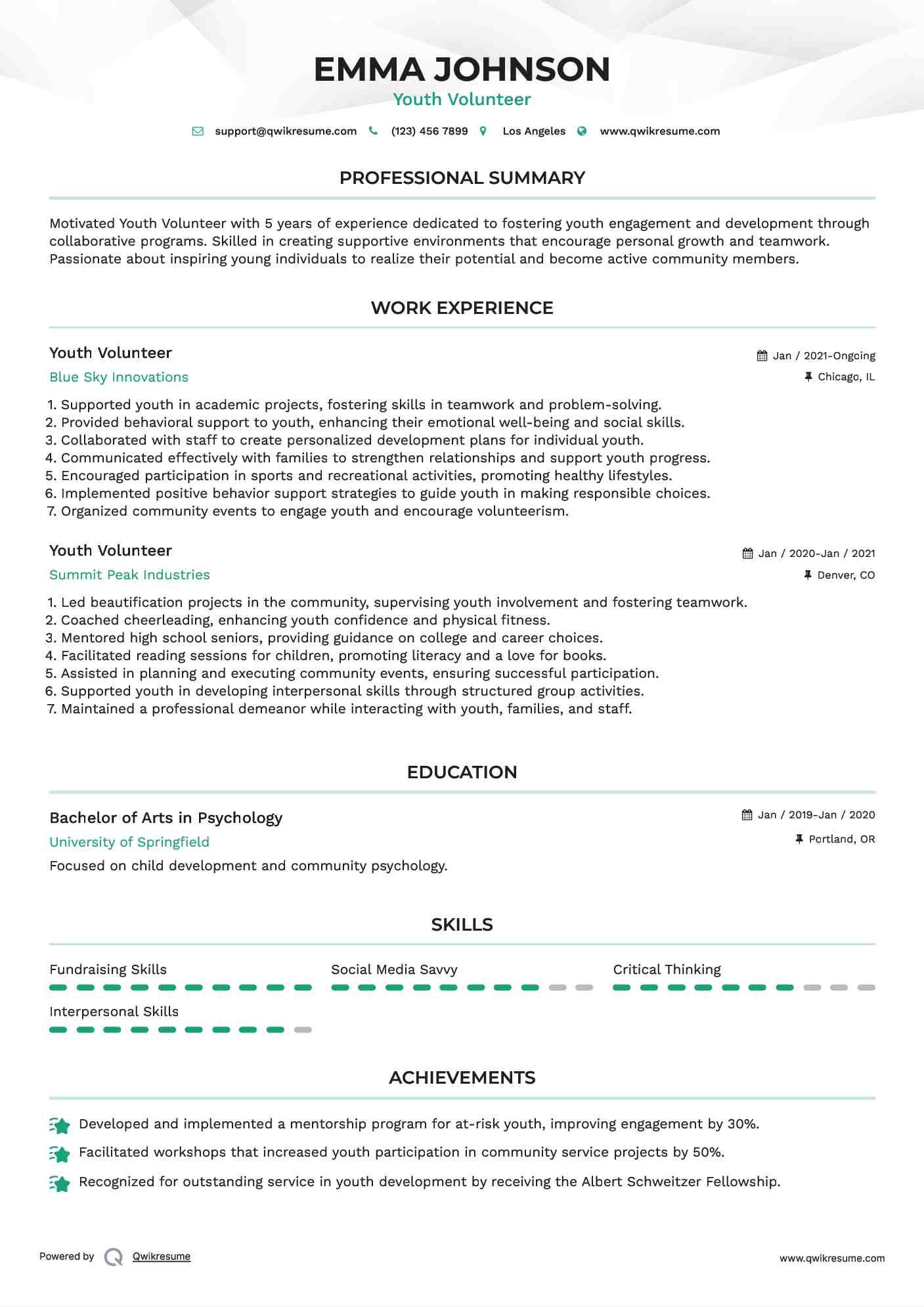 Youth Volunteer Resume Sample