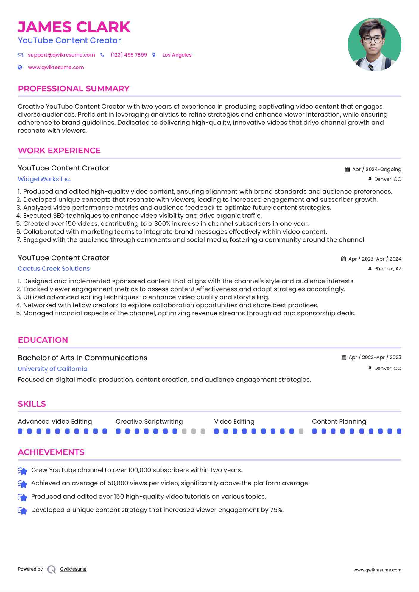 YouTube Content Creator Resume Example