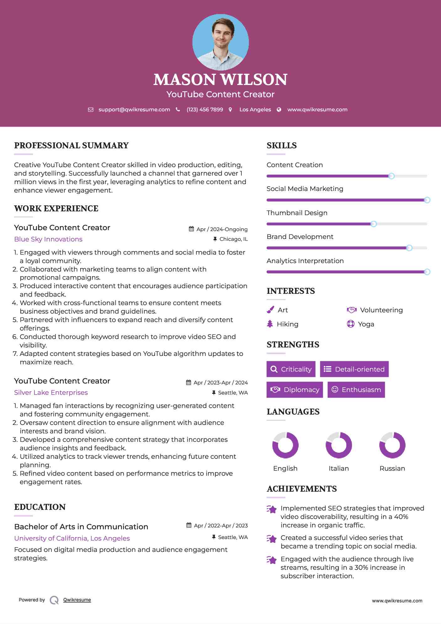 YouTube Content Creator Resume Model