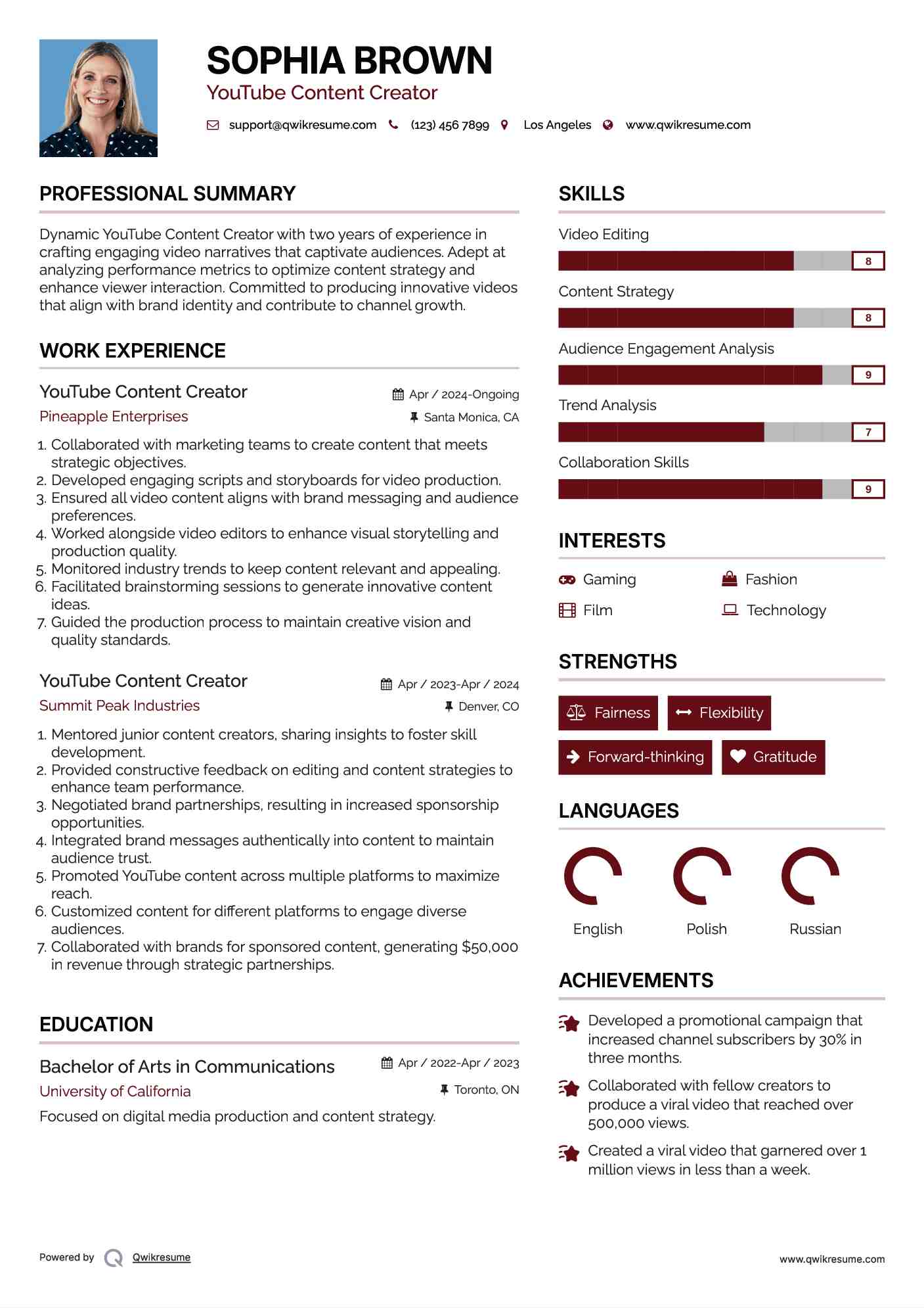 YouTube Content Creator Resume Template