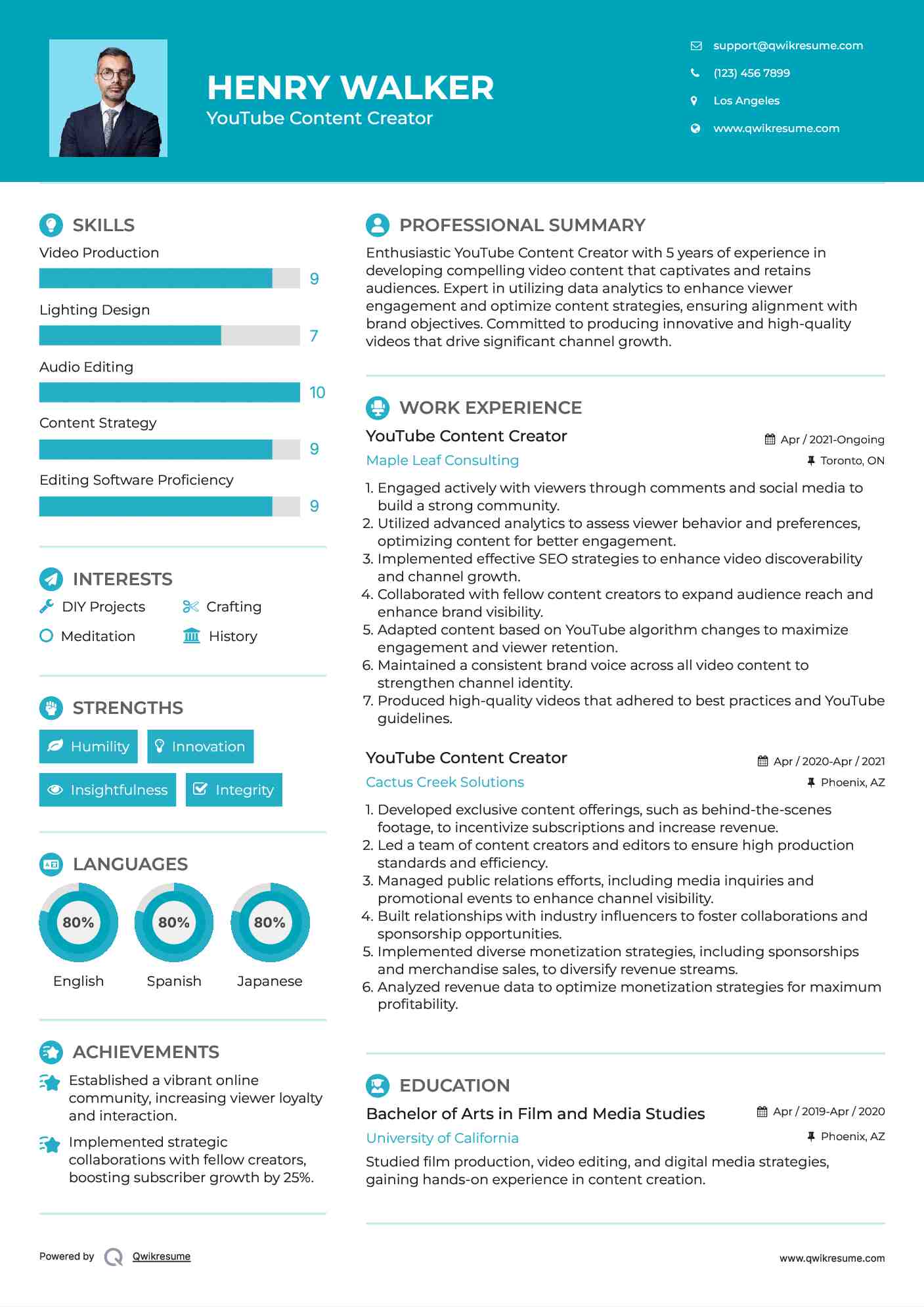 YouTube Content Creator Resume Format