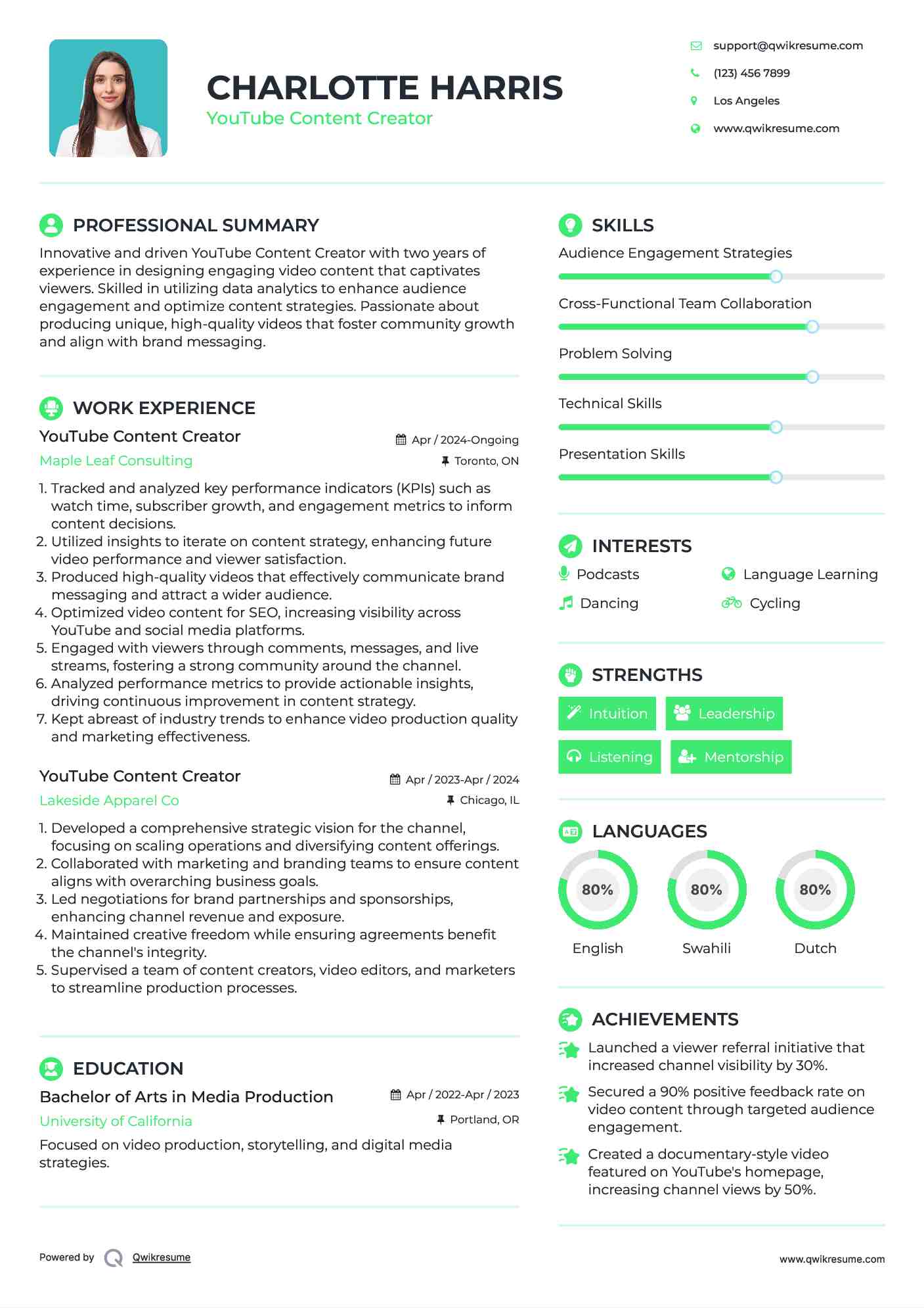 YouTube Content Creator Resume Example