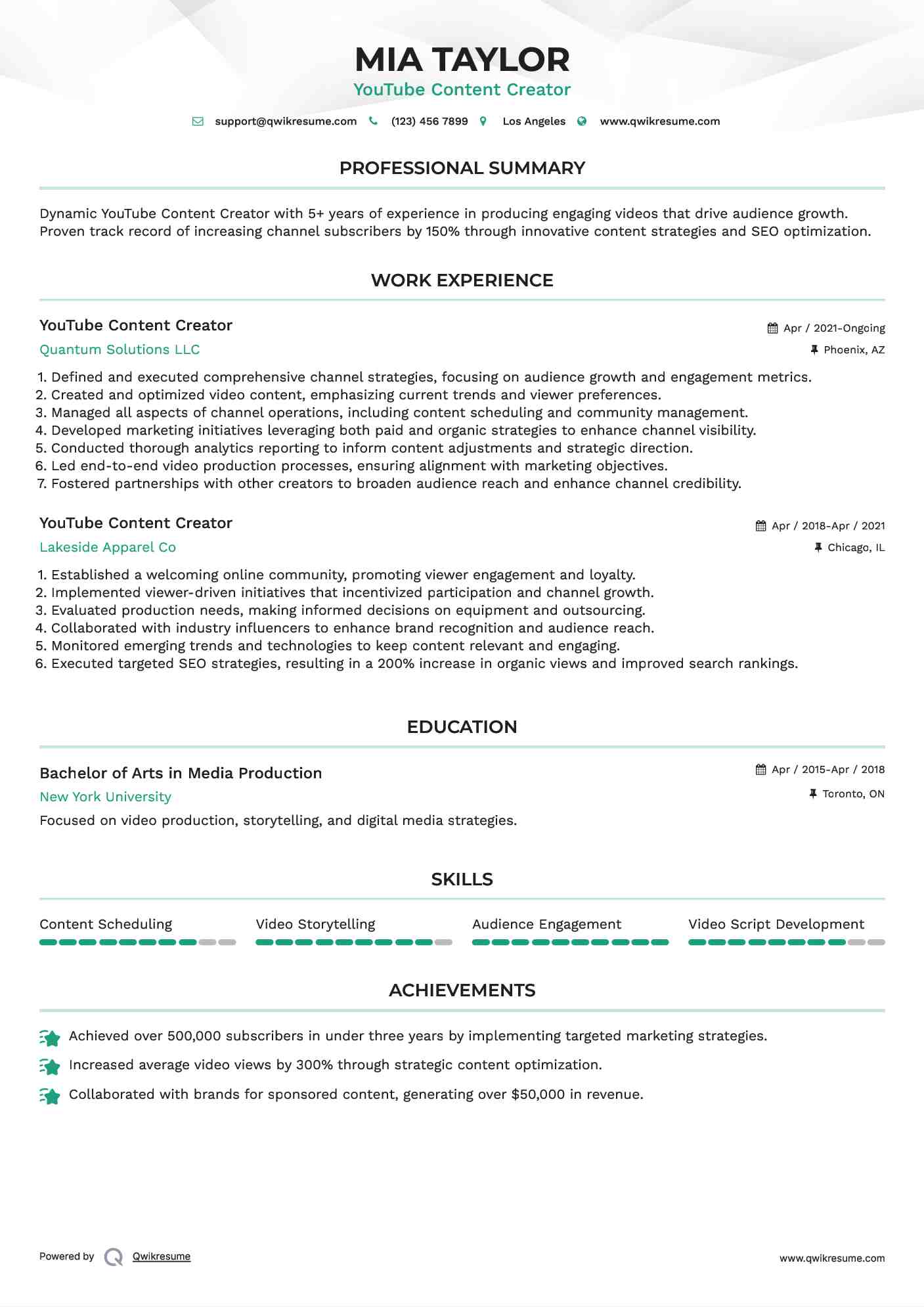 YouTube Content Creator Resume Model
