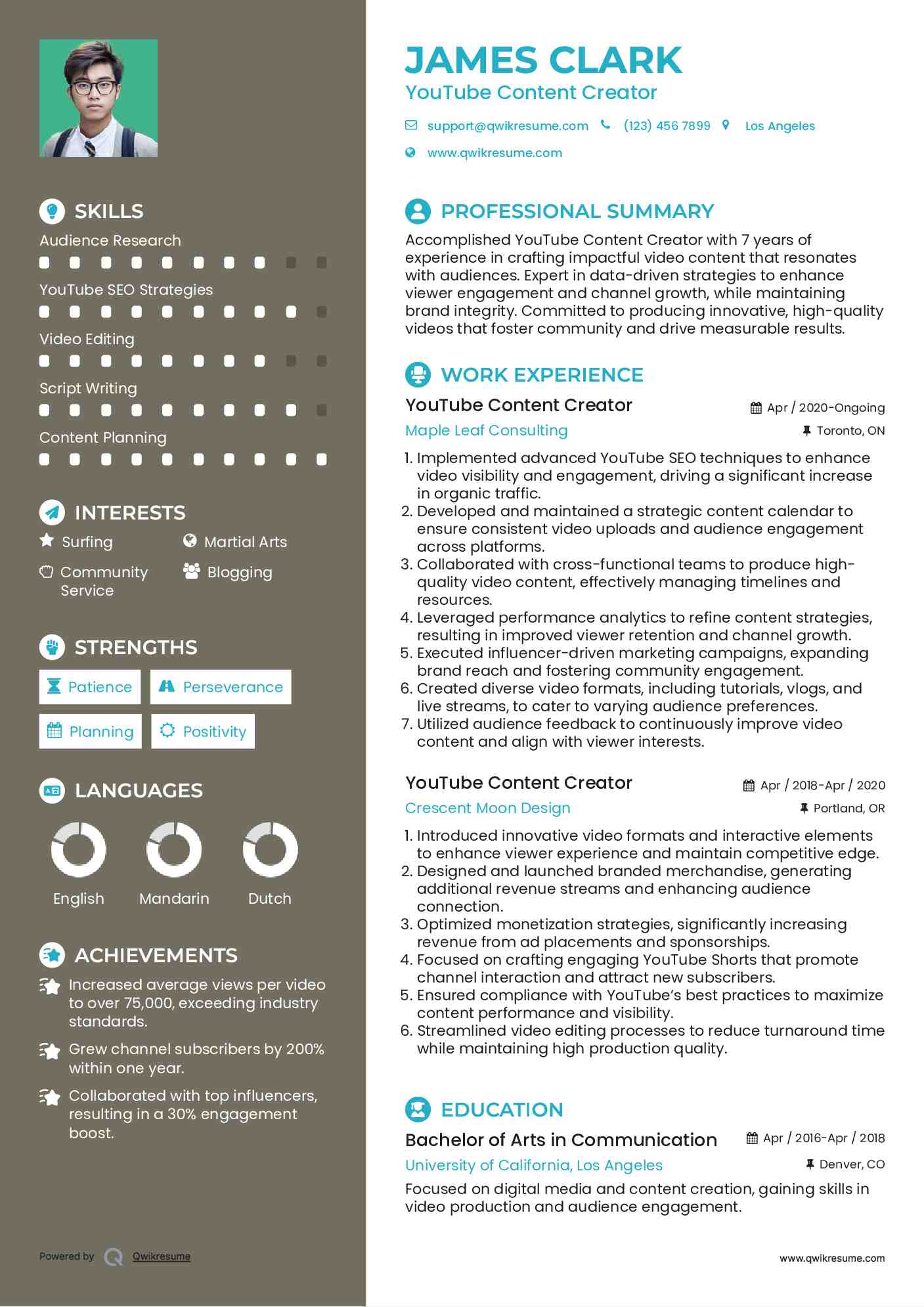 YouTube Content Creator Resume Model