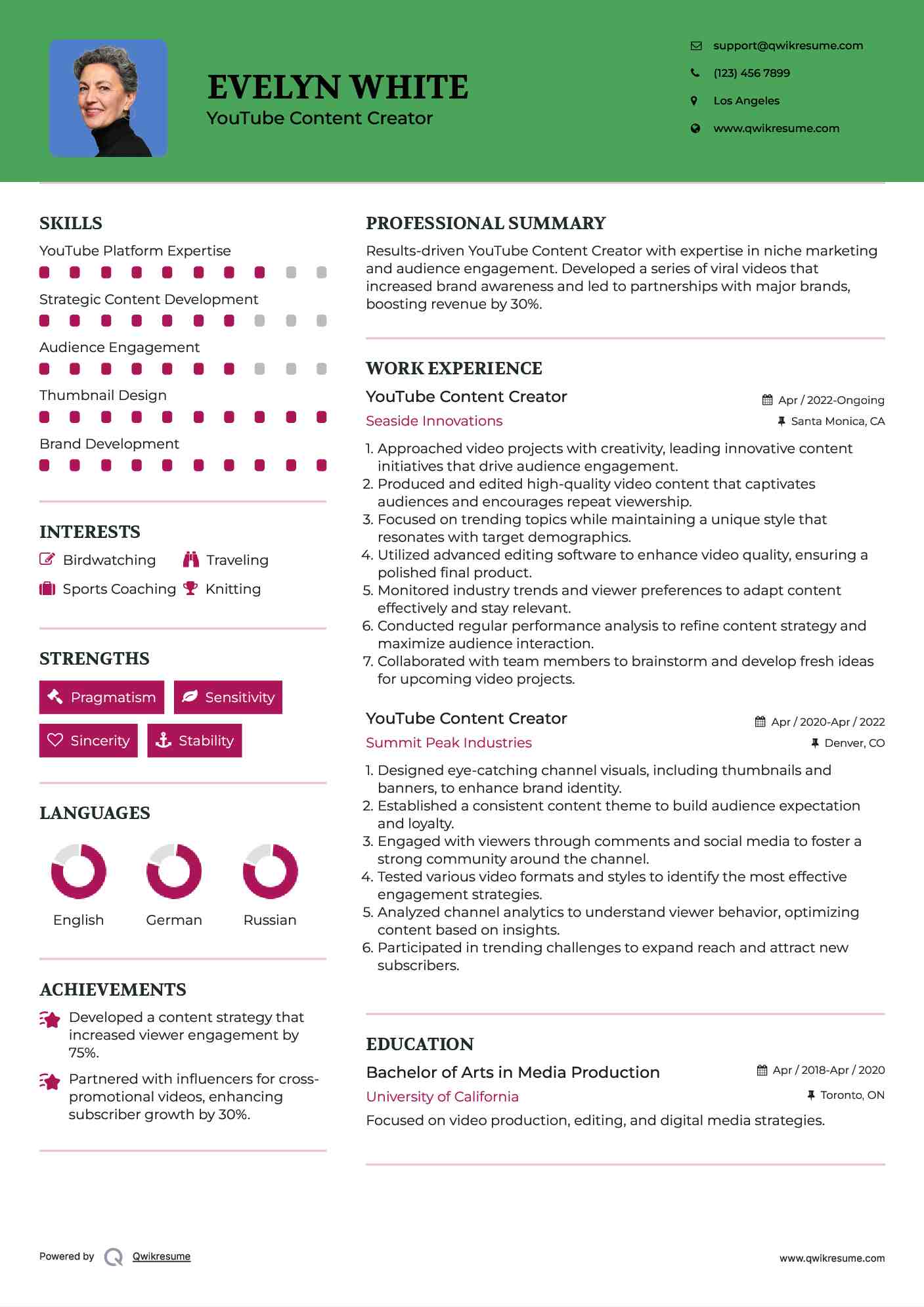 YouTube Content Creator Resume Sample