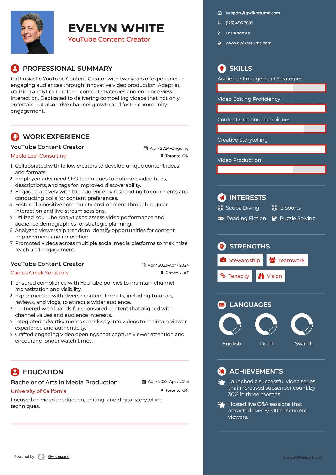 YouTube Content Creator Resume Example