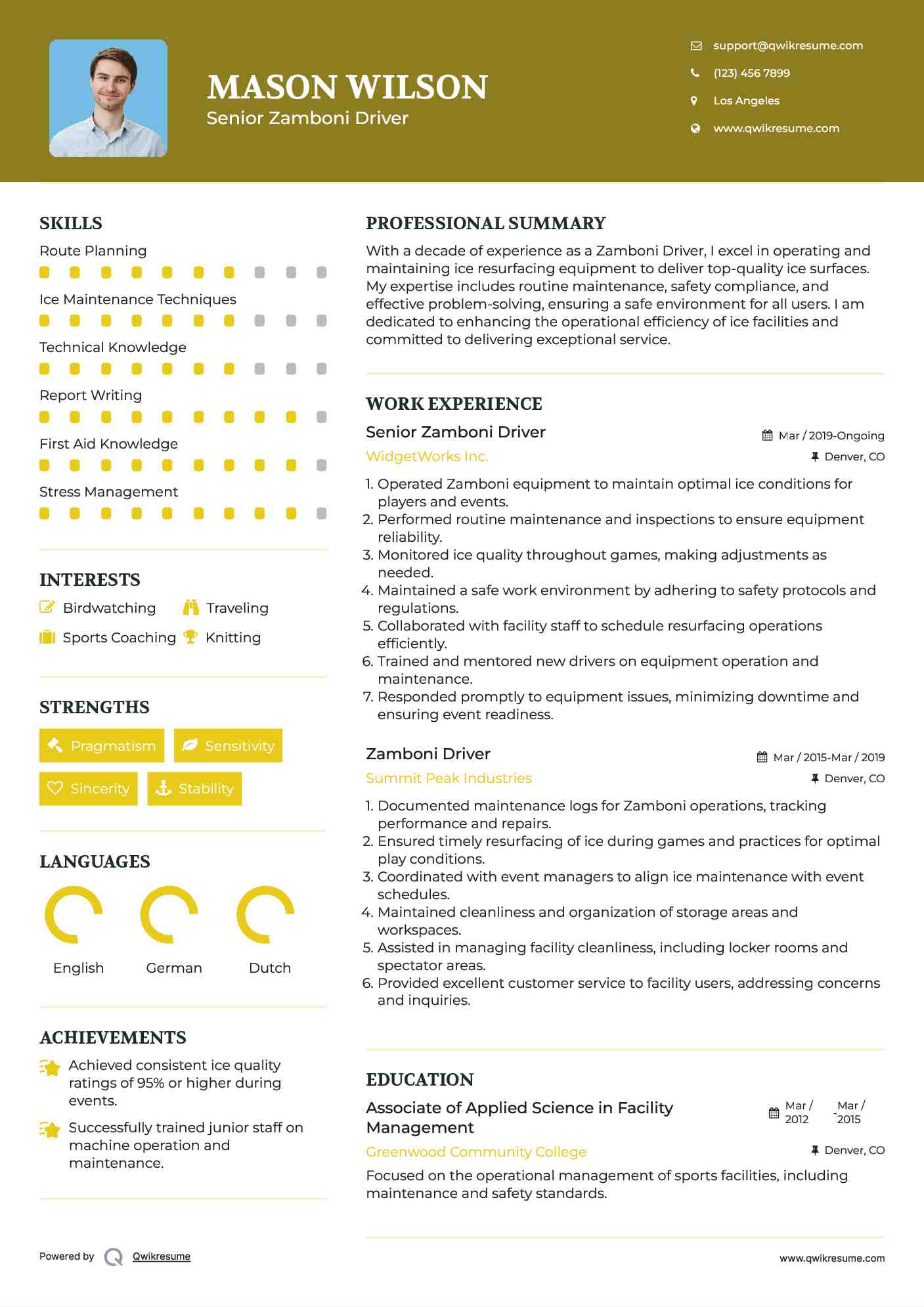 Senior Zamboni Driver Resume Format