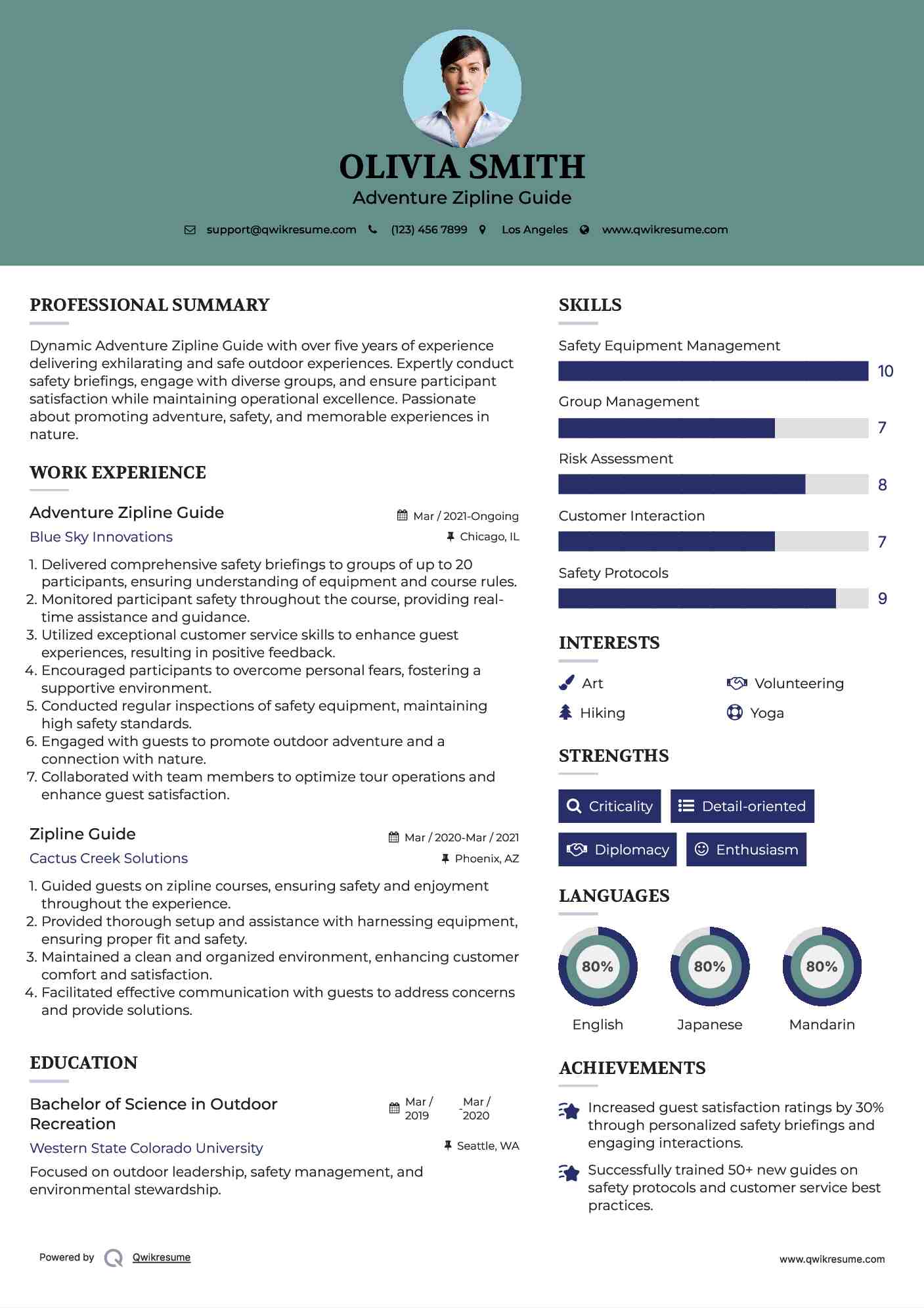 Adventure Zipline Guide Resume Model