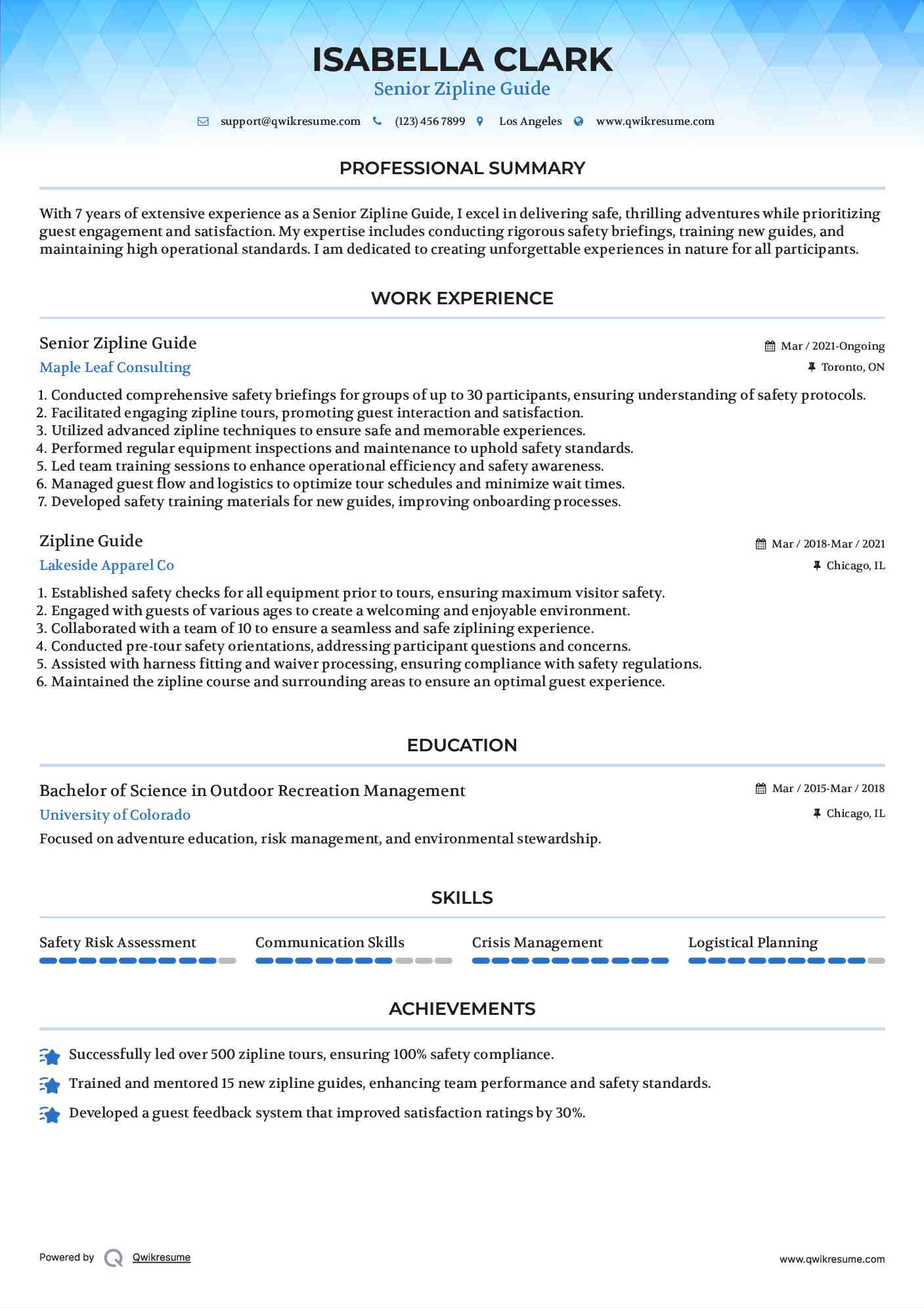 Senior Zipline Guide Resume Format