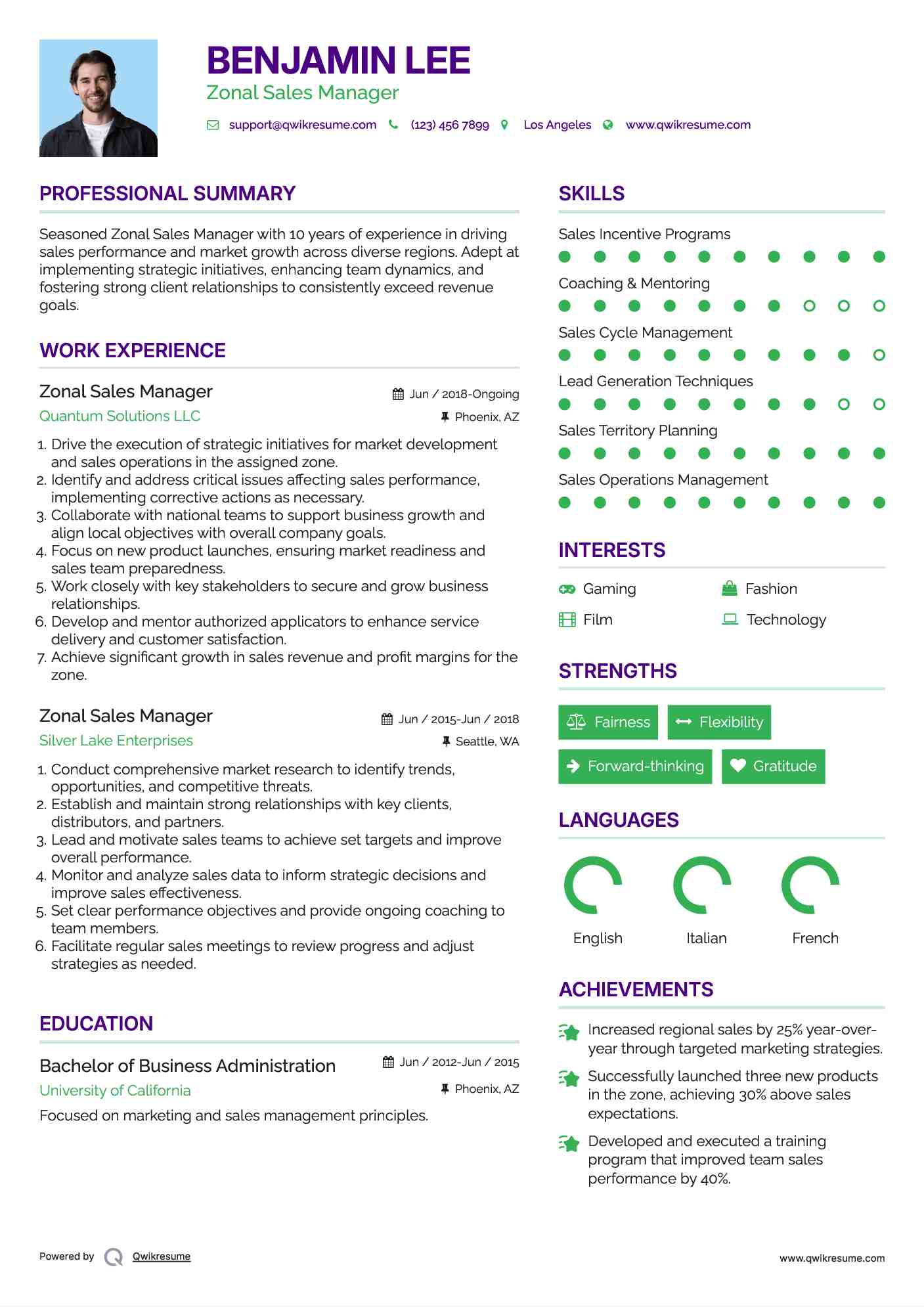Zonal Sales Manager Resume Example