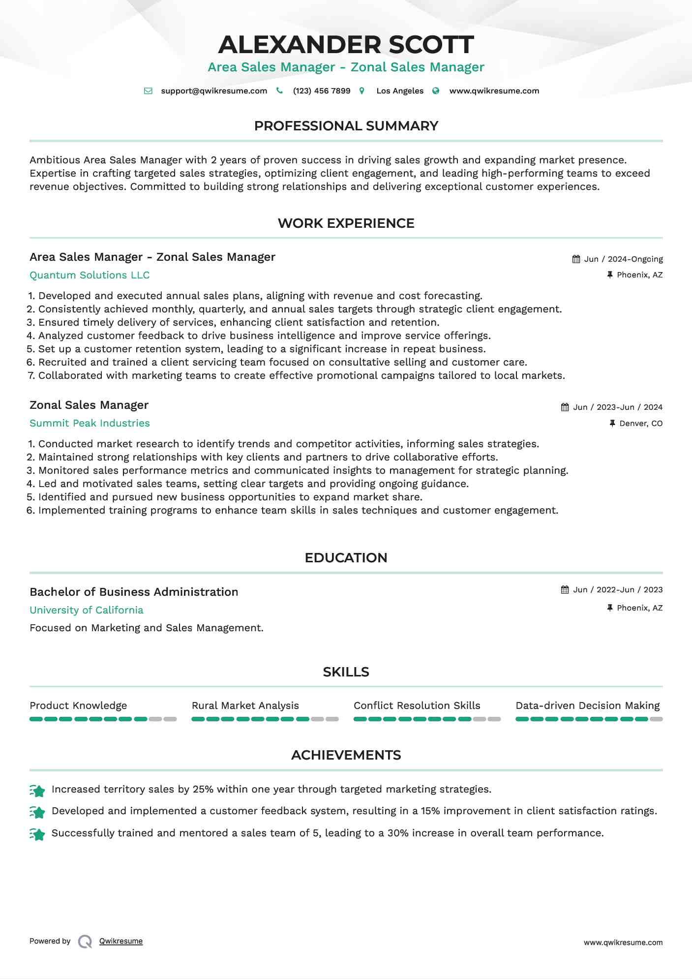 Area Sales Manager - Zonal Sales Manager Resume Example