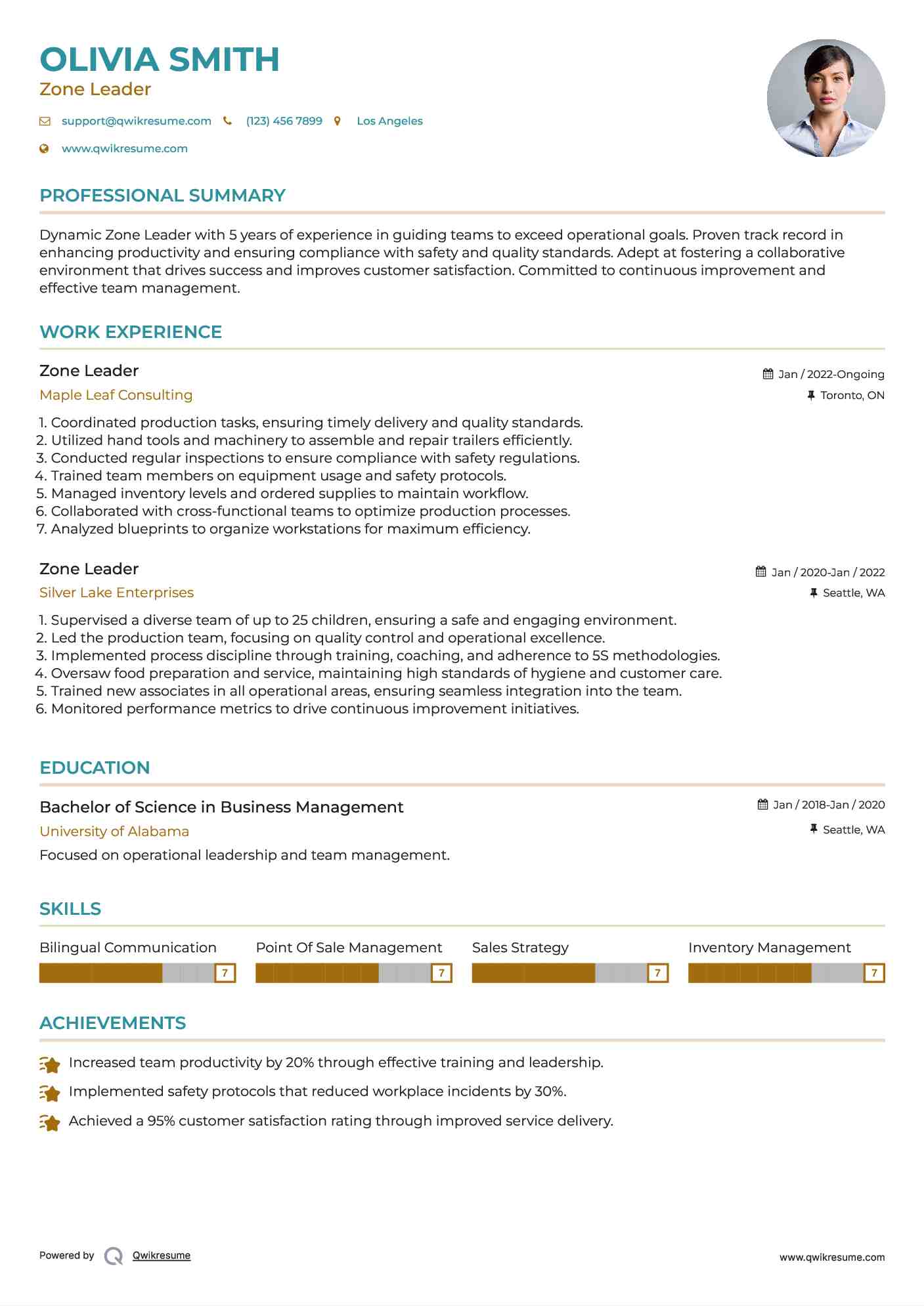 Zone Leader Resume Example