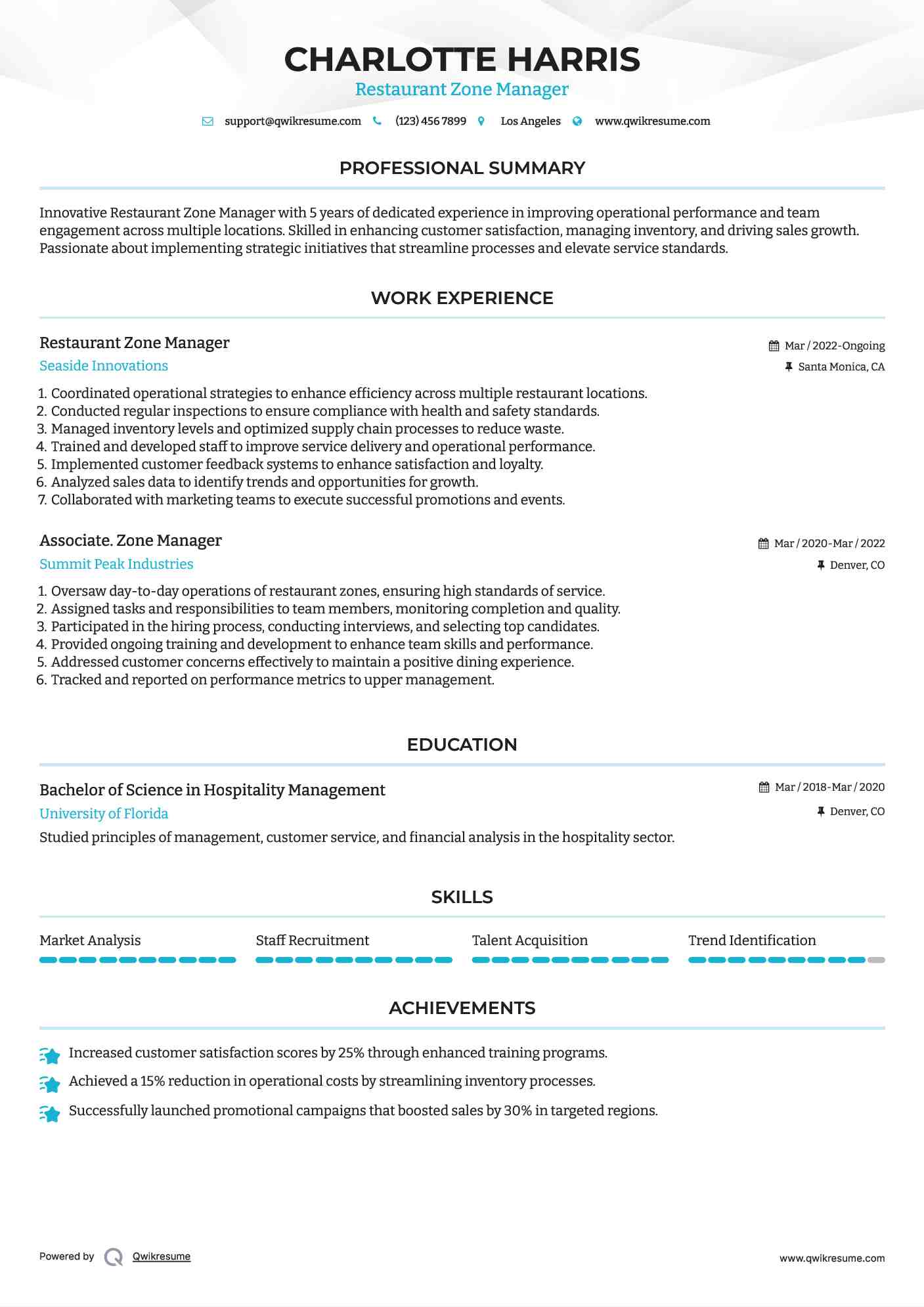 Restaurant Zone Manager
 Resume Example