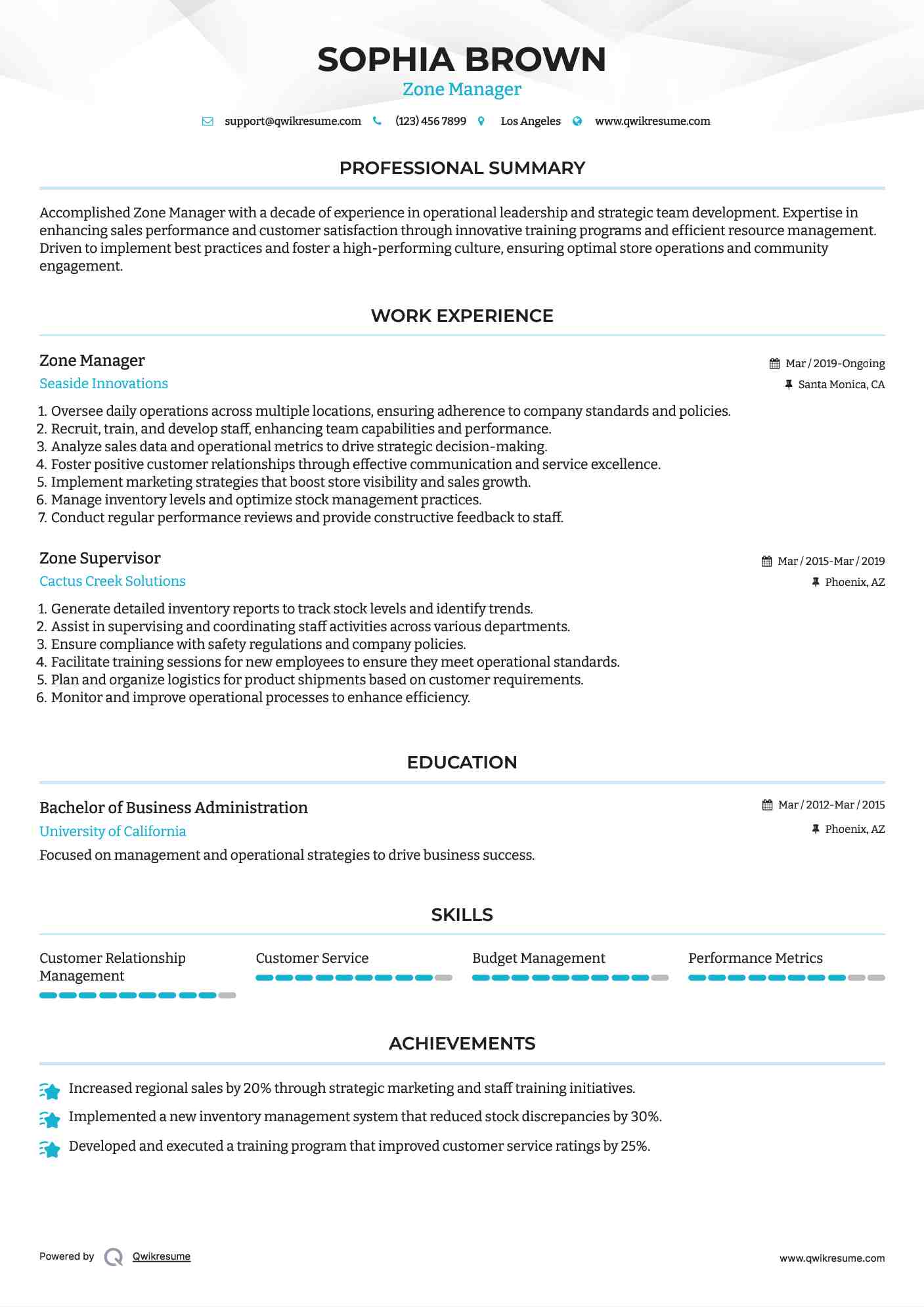 Zone Manager Resume Template