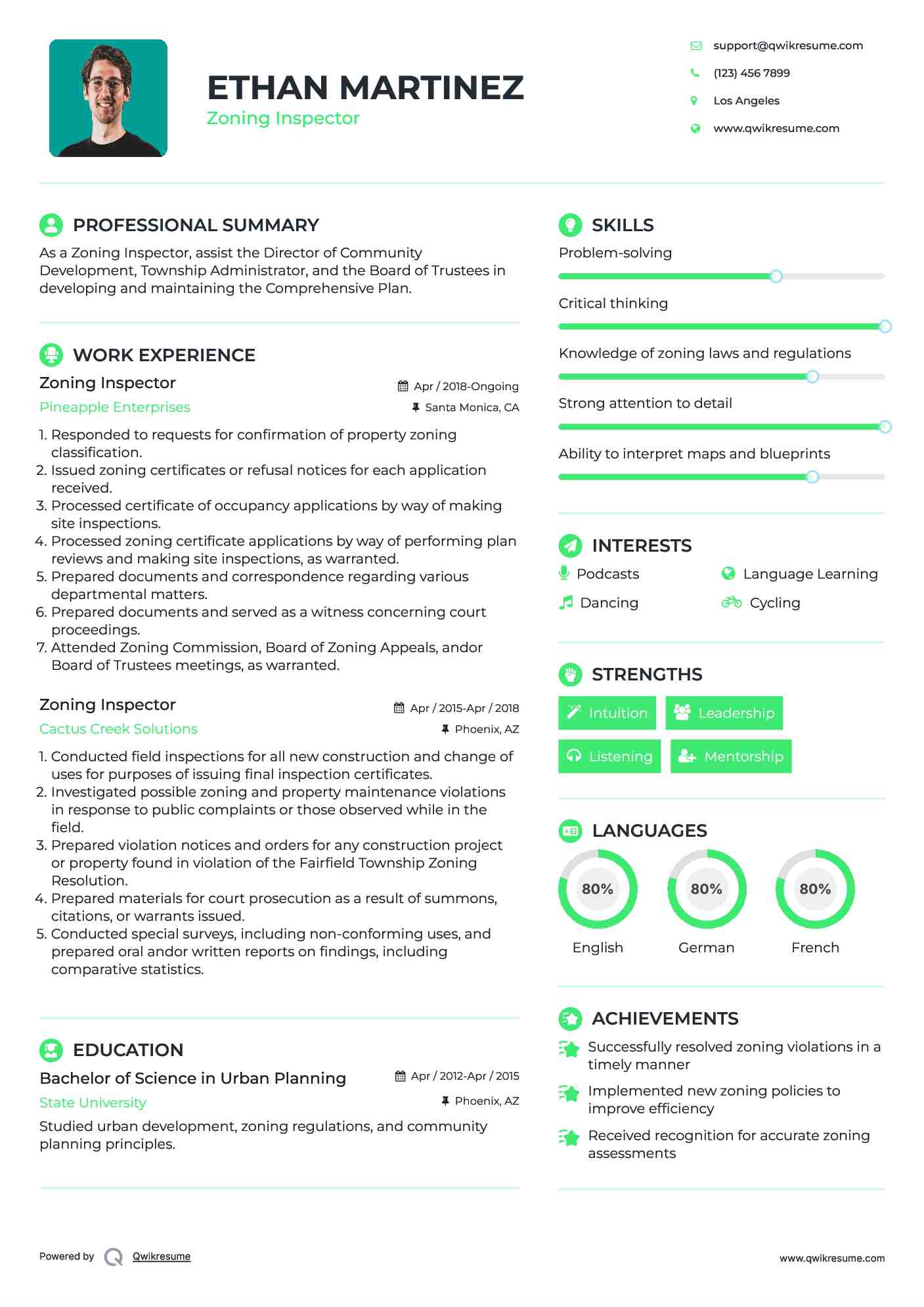 Zoning Inspector Resume Example