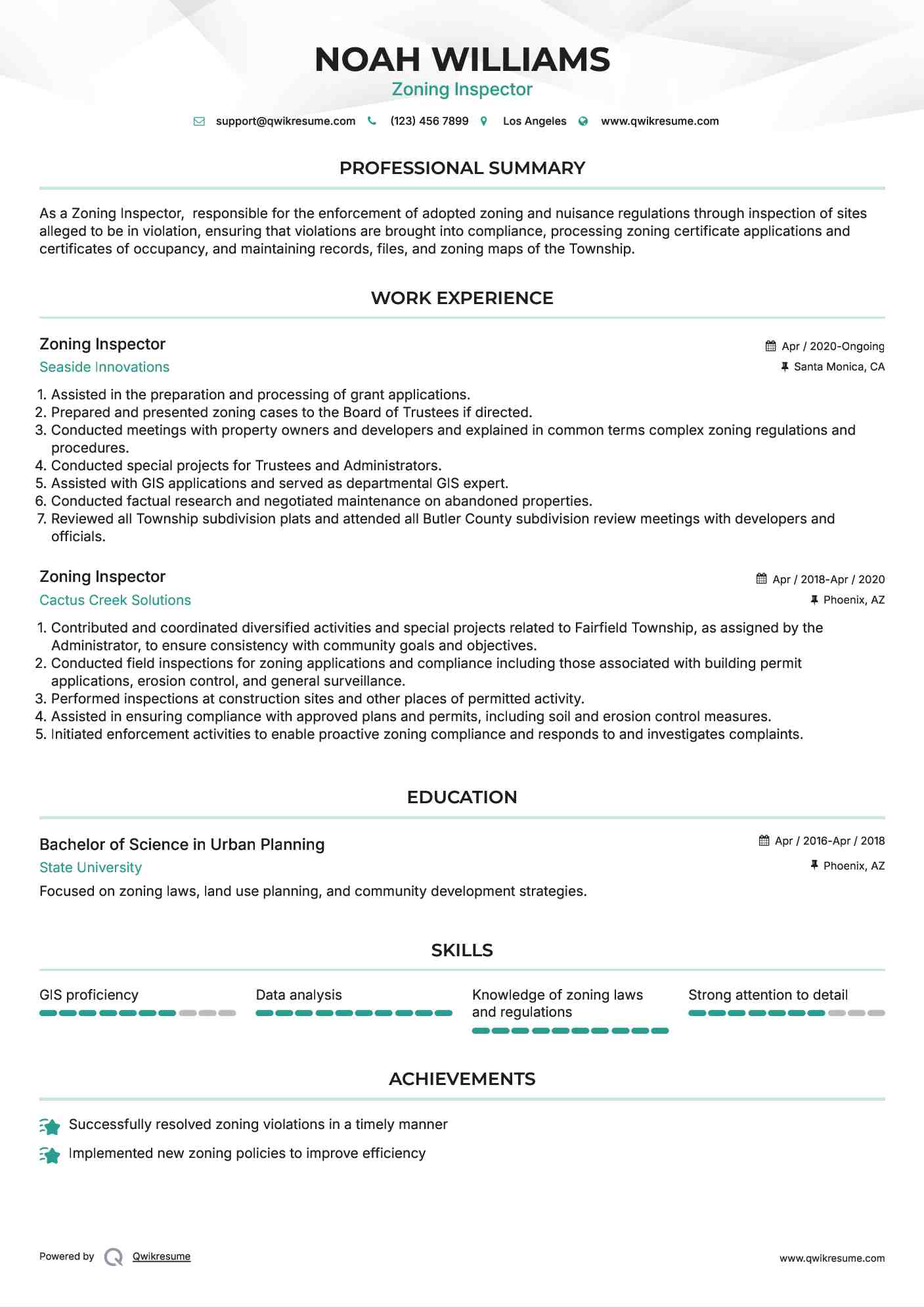 Zoning Inspector Resume Sample