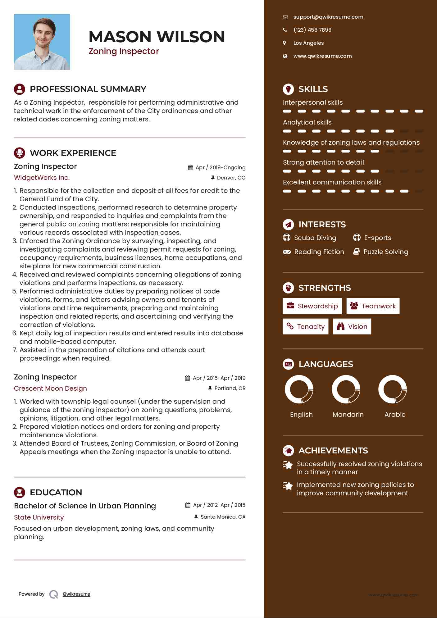 Zoning Inspector Resume Sample