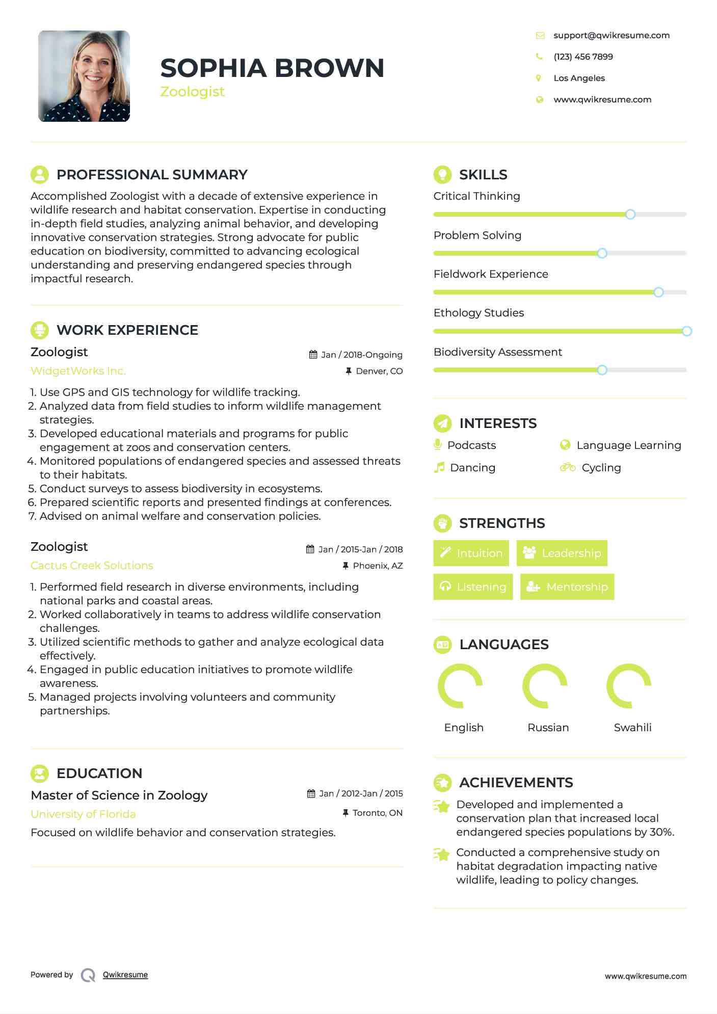 Zoologist Resume Sample